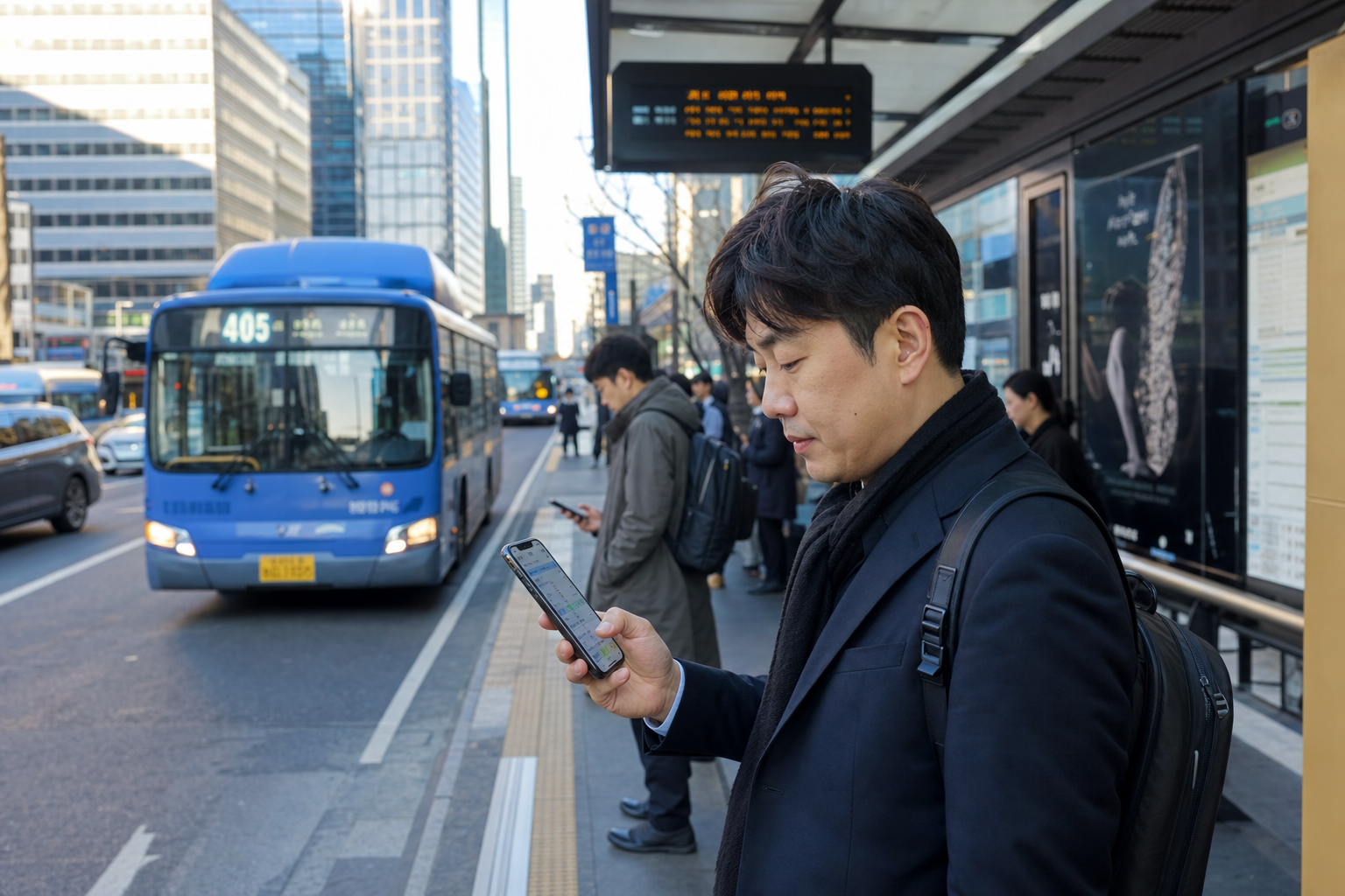 출근 시간대에 스마트폰으로 네이버 지도를 보며 버스와 지하철 경로를 확인하는 직장인