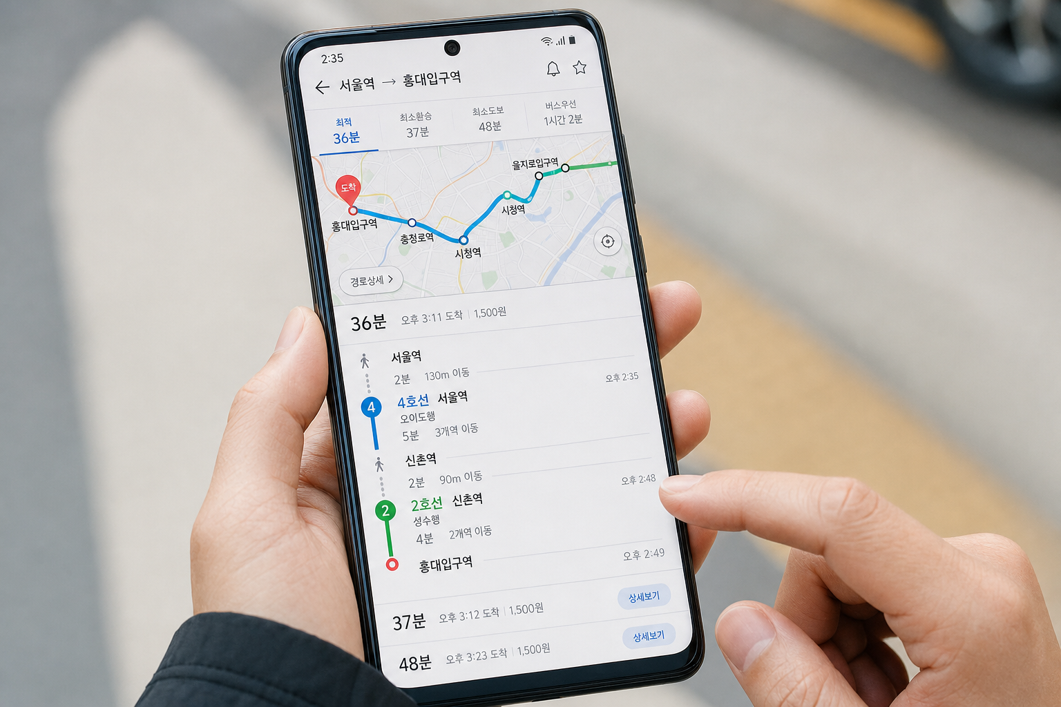 네이버 지도 앱의 대중교통 길찾기 화면을 보는 손 클로즈업