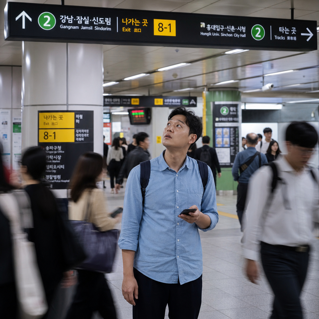 복잡한 환승역에서 어느 출구로 나갈지 고민하는 직장인의 장면