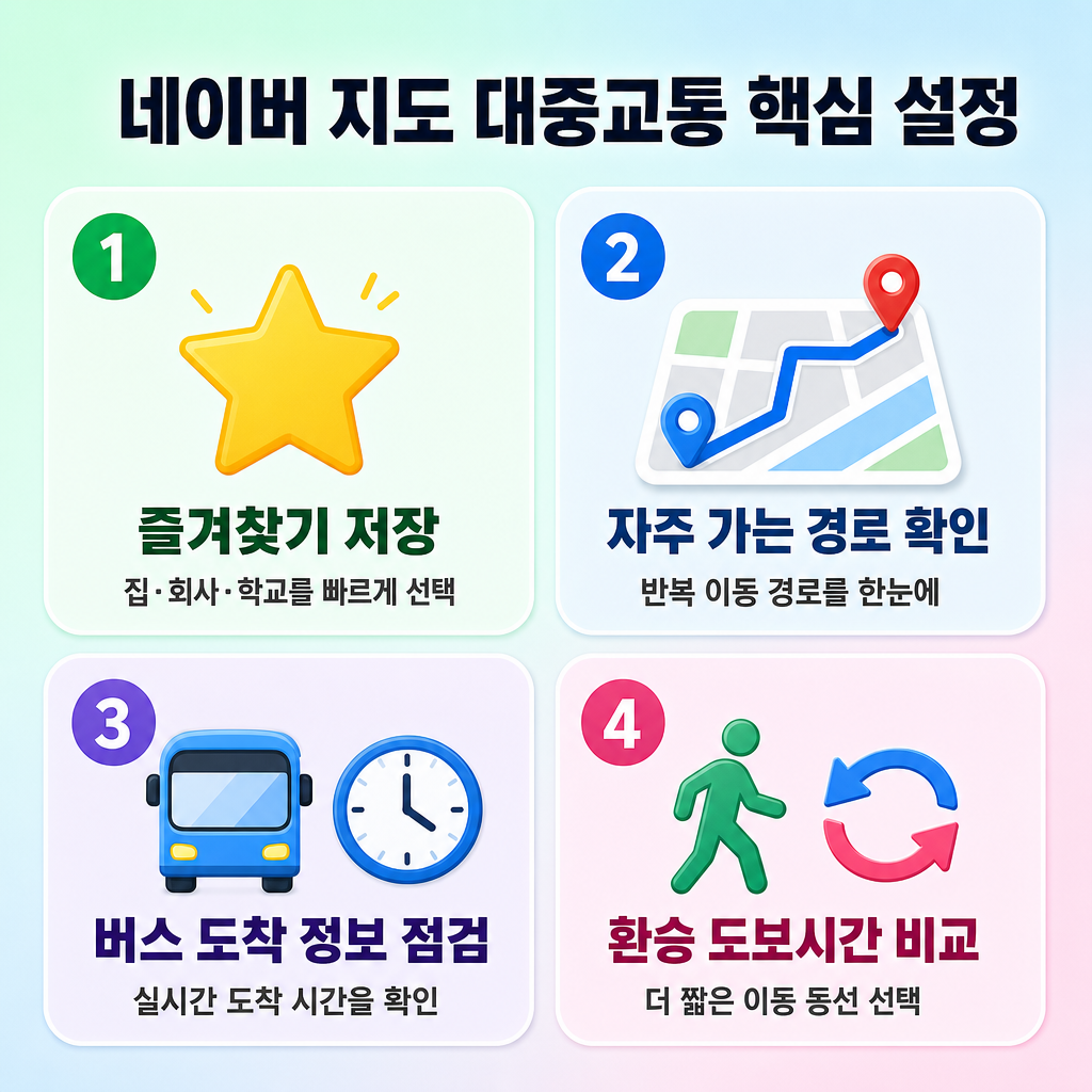 파스텔 배경, 둥근 패널 4개, 짧은 한글 제목 '네이버 지도 대중교통 핵심 설정', 번호 배지 1~4, 가독성 높은 한국어 텍스트, 영문과 워터마크 없음. 패널 내용은 즐겨찾기 저장, 자주 가는 경로 확인, 버스 도착 정보 점검, 환승 도보시간 비교를 직관적 아이콘과 함께 표시