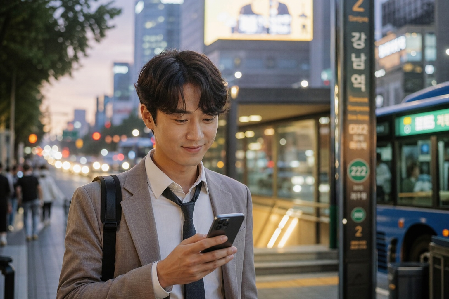 퇴근 후 여유 있게 이동 경로를 확인하며 미소 짓는 직장인의 장면