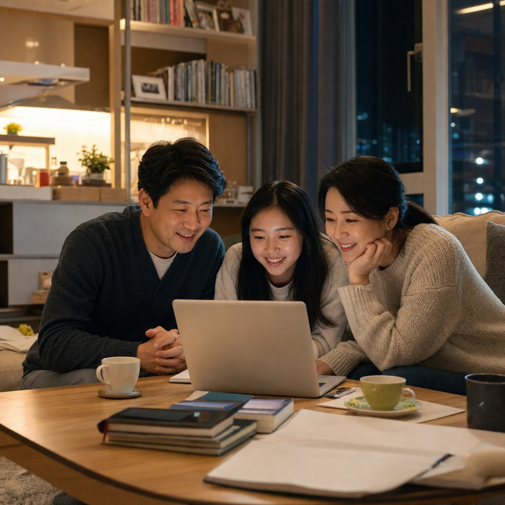 주말 저녁 집에서 가족이 함께 서류 제출 상태를 확인하는 현실적인 장면