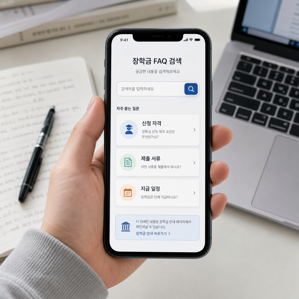 FAQ를 읽기 전, 스마트폰으로 국가장학금 자주 묻는 질문을 검색하는 장면
