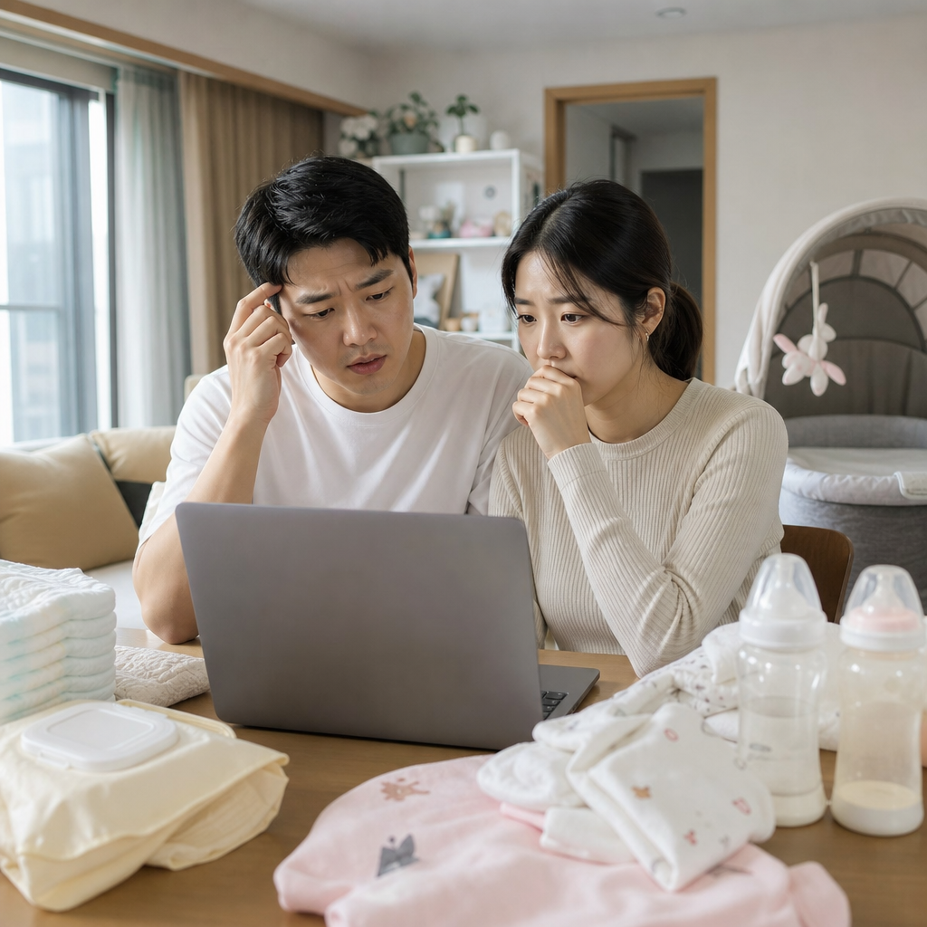 지원금 신청 화면을 보며 고민하는 부모의 현실적인 표정