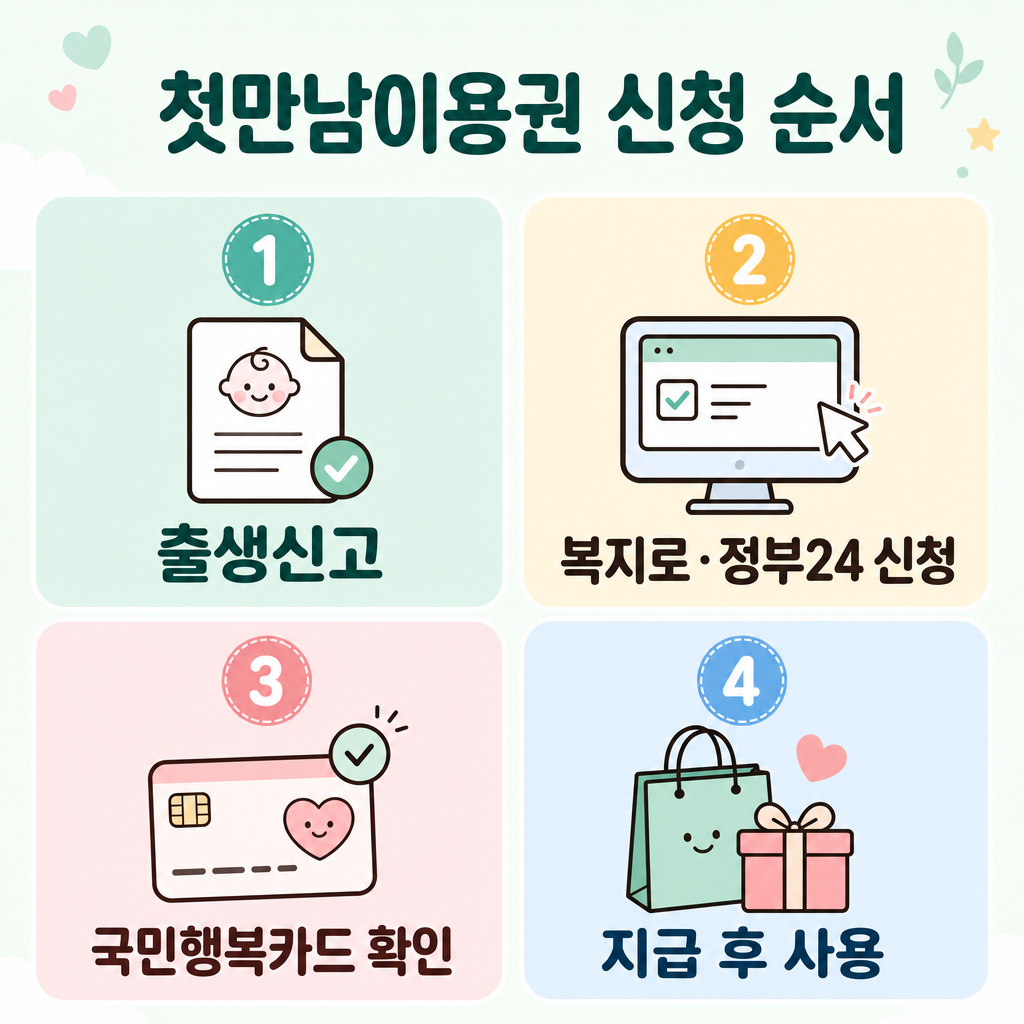 파스텔 배경 인포그래픽, 첫만남이용권 신청 순서 4단계, 둥근 패널 4개, 번호 배지, 짧은 한글 제목, 가독성 높은 한국어, 영문과 워터마크 없음