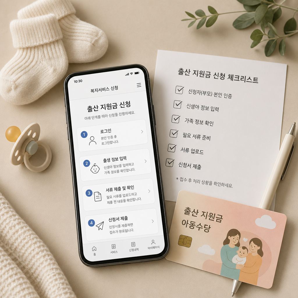 아기용품 구매 흐름을 보여주는 체크리스트와 카드 결제 장면