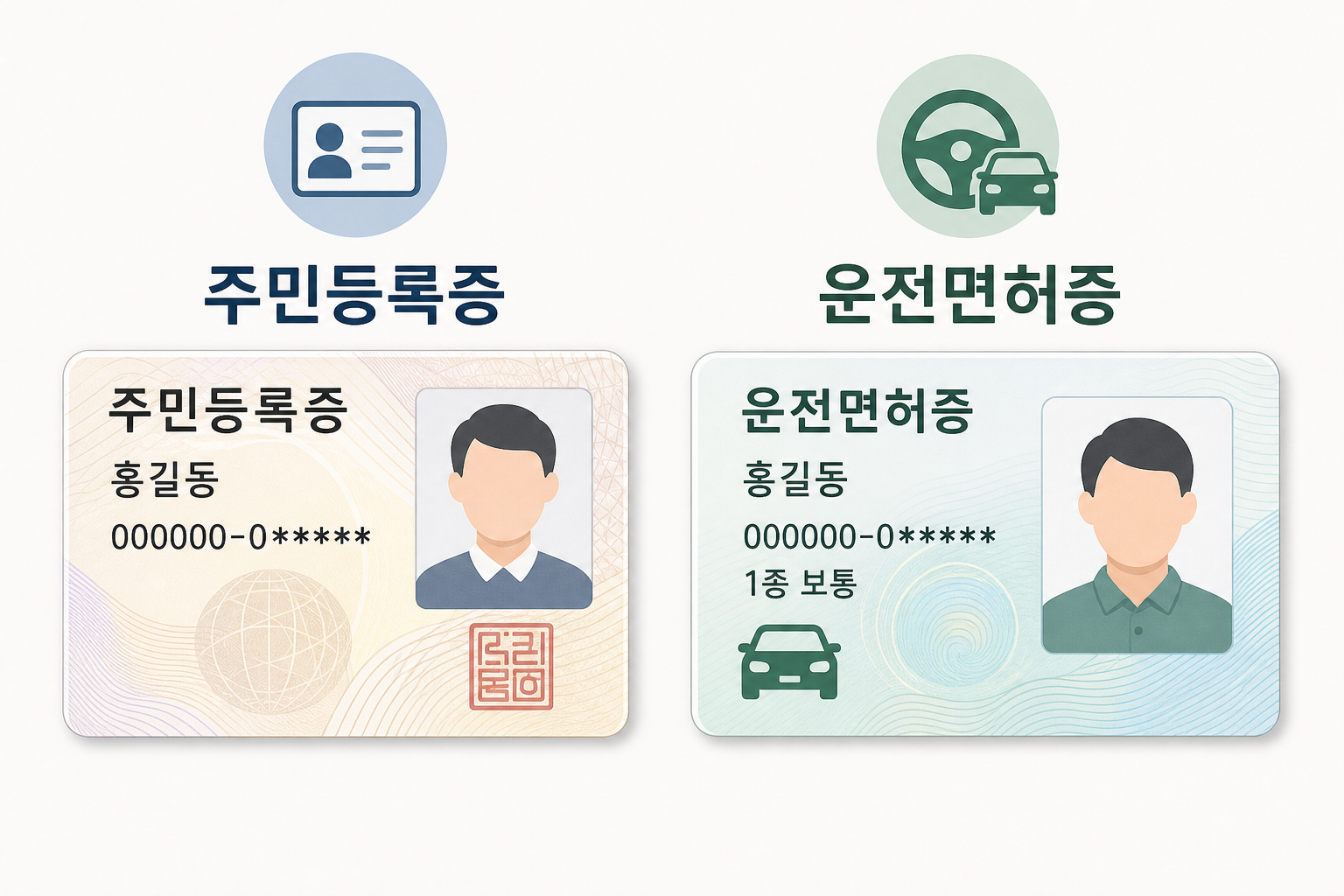 주민등록증과 운전면허증 아이콘을 나란히 비교한 이미지