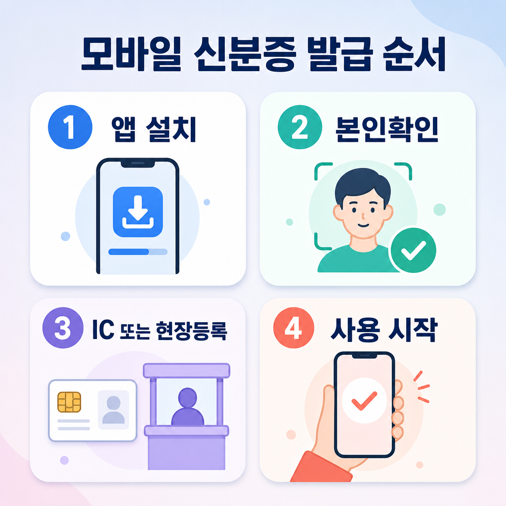 파스텔 배경, 둥근 패널 4개, 한글 제목 '모바일 신분증 발급 순서', 1 앱설치 2 본인확인 3 IC또는 현장등록 4 사용, 번호 배지 강조, 가독성 높은 한국어 텍스트, 영문과 워터마크 없음