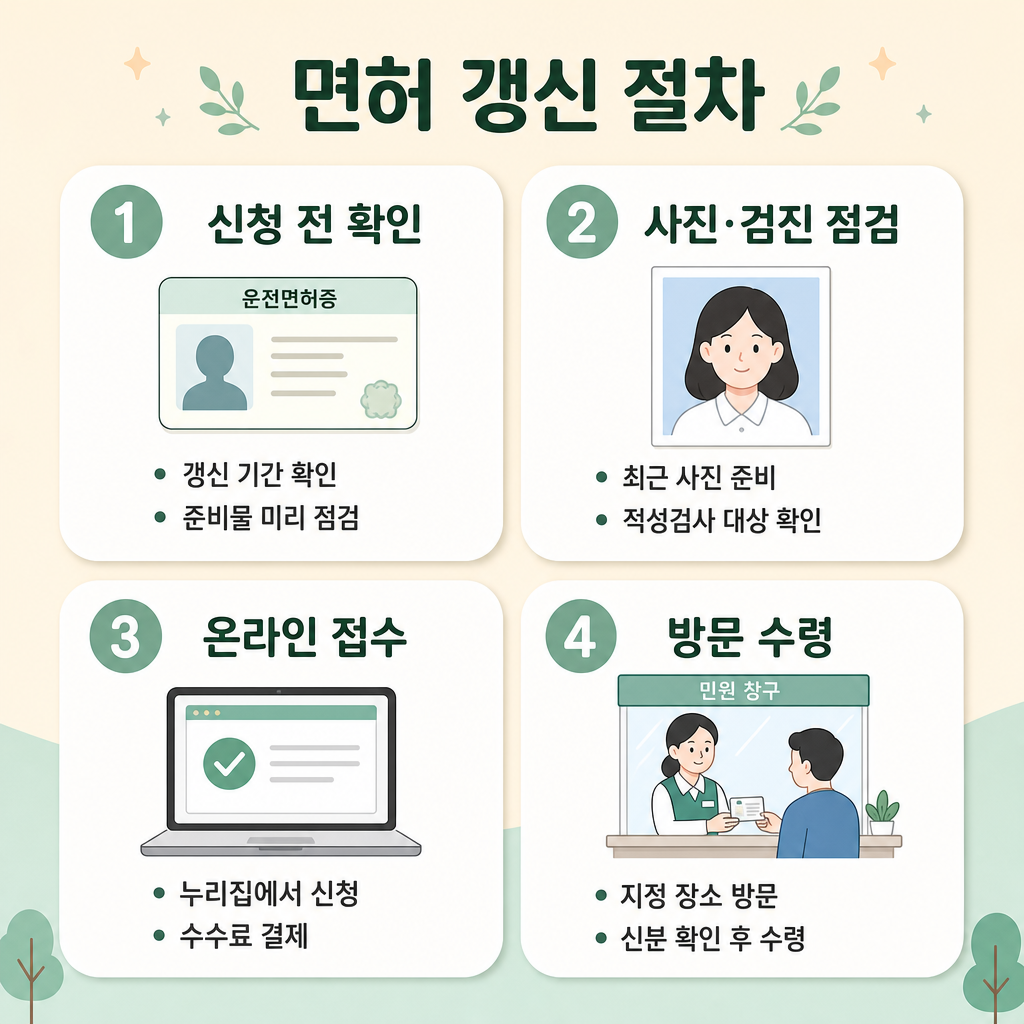 파스텔 배경, 둥근 패널 4개, 짧은 한글 제목으로 구성된 운전면허 갱신 절차 인포그래픽. 1 신청 전 확인, 2 사진·검진 점검, 3 온라인 접수, 4 방문 수령. 번호 배지 선명, 가독성 높은 한국어 텍스트, 영문 없음, 워터마크 없음