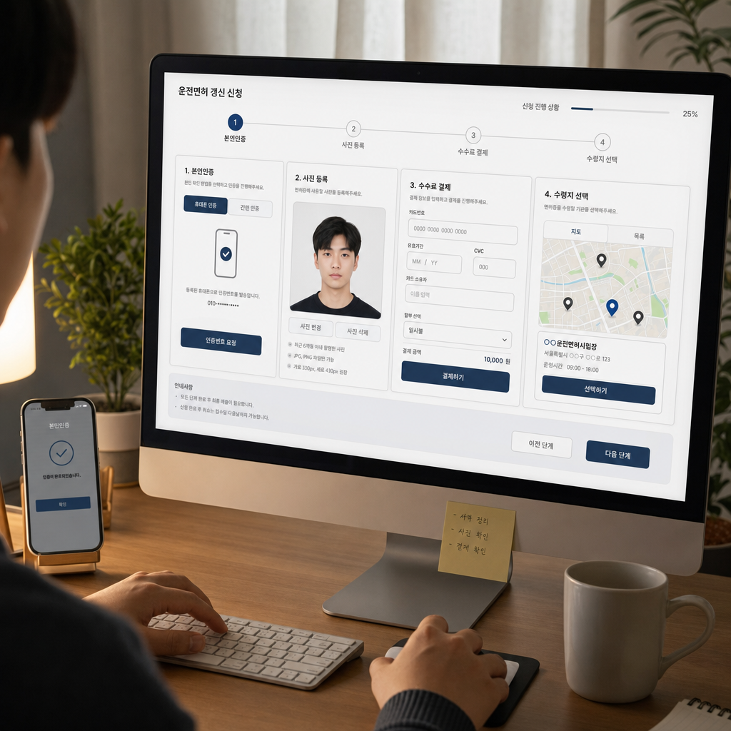 증명사진 업로드와 결제, 수령장소 선택 과정을 보여주는 화면 구성