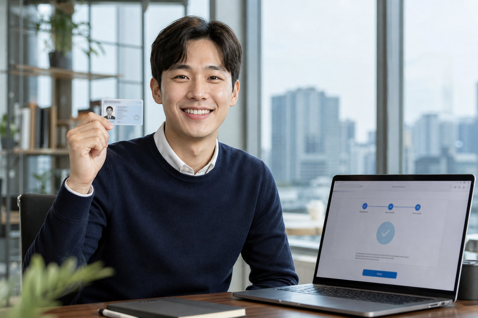 갱신 완료 후 새 면허증을 들고 안도하는 직장인의 밝은 장면