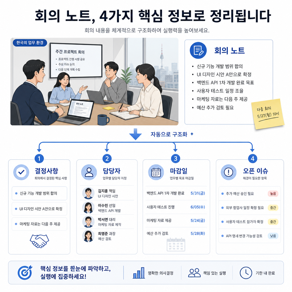 회의 메모에서 결정사항·담당자·마감일을 추출한 인포그래픽
