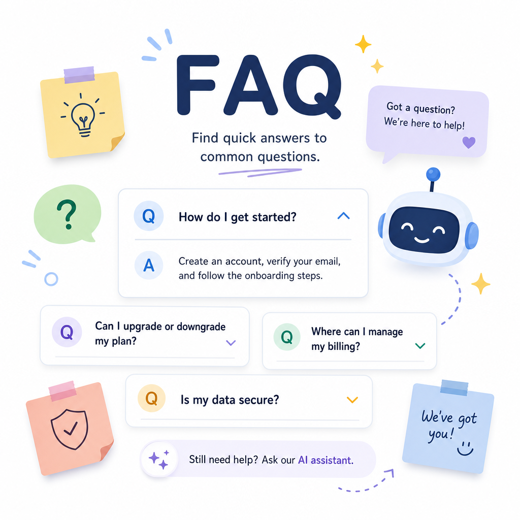 FAQ 섹션 도입용으로 질문 카드와 노트 아이콘이 배치된 이미지