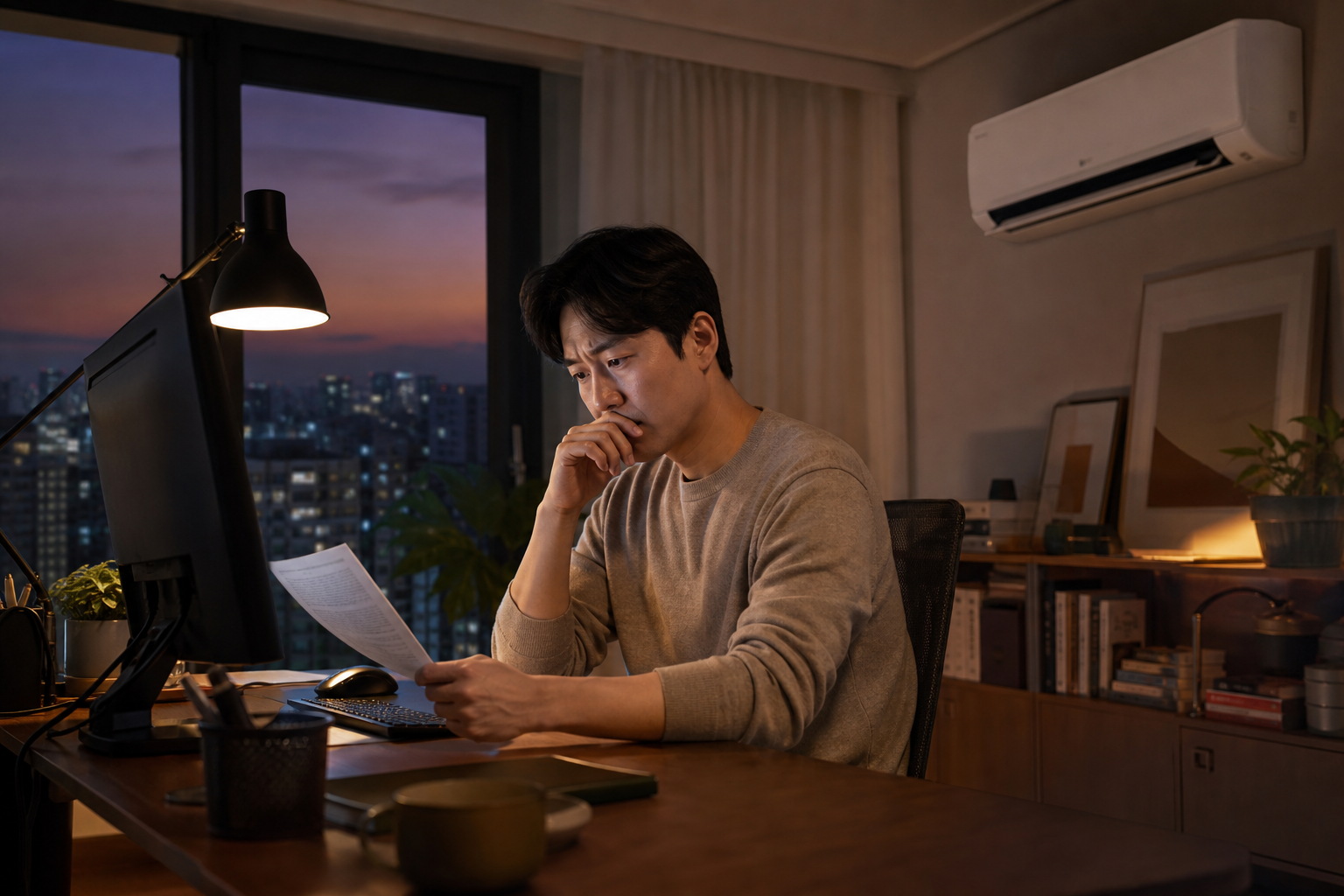 재택근무 전기요금이 걱정되는 작업방 장면