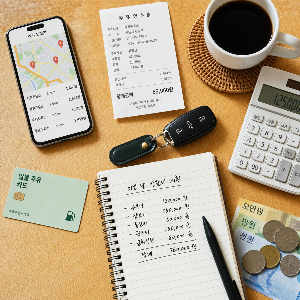 지도 앱과 카드, 영수증을 함께 놓고 주유비를 비교하는 사례 이미지