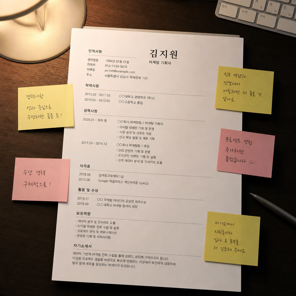 출력한 이력서에 한국어 포스트잇으로 수정 포인트를 붙여둔 예시 장면