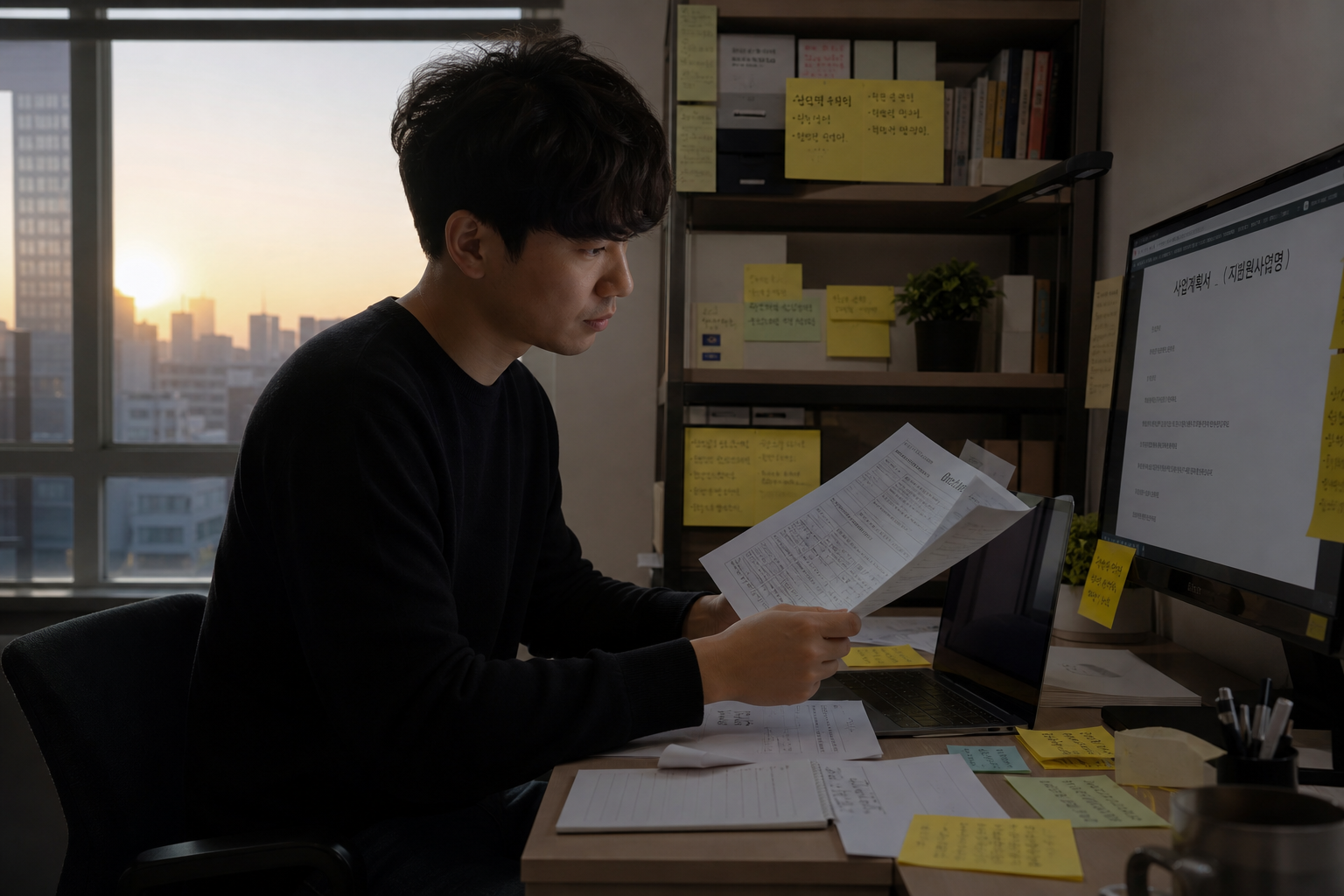 새벽 책상에서 창업지원금 서류 초안을 정리하는 작업 장면