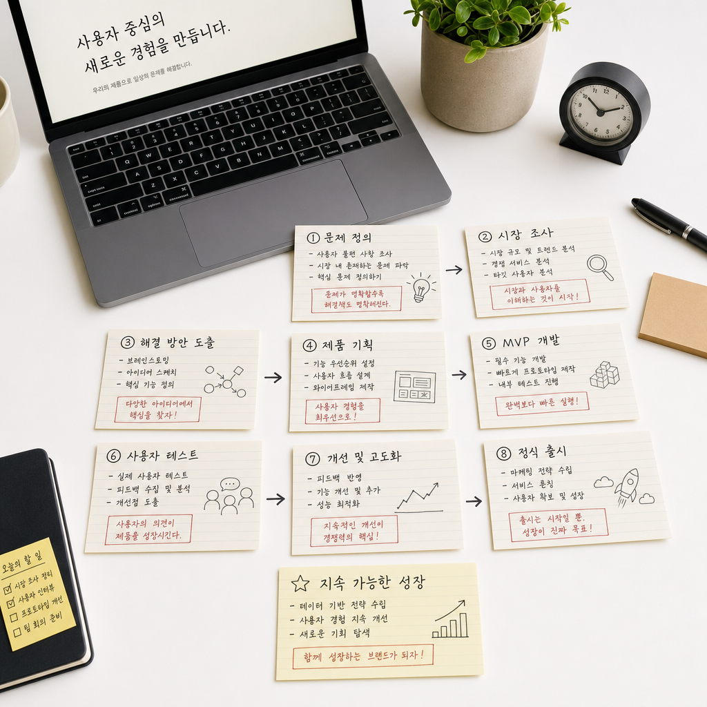 노트북 옆 메모지에 단계가 적힌 사업계획서 작성 장면