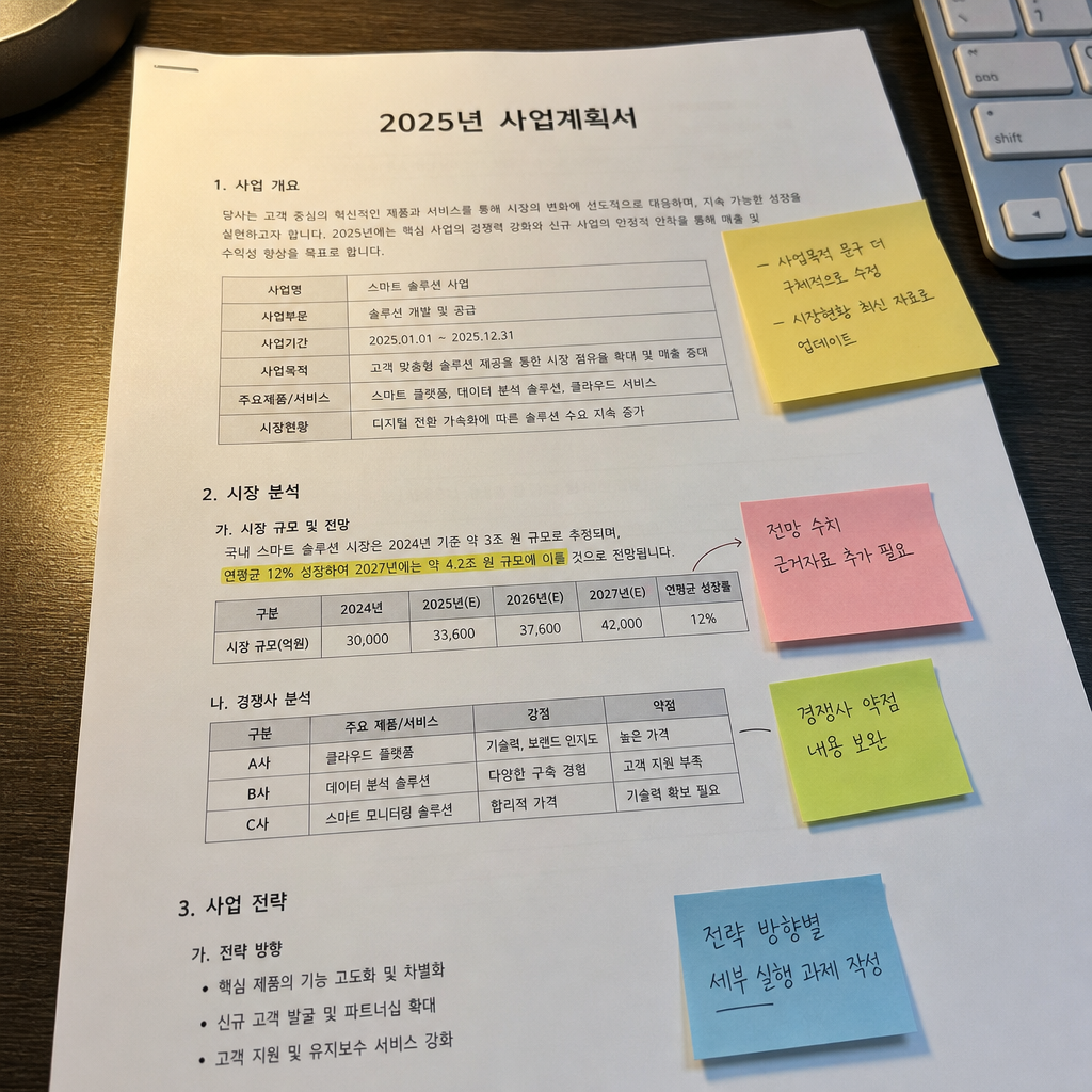 사업계획서 출력본에 수정 포인트를 붙여둔 실전 예시 장면