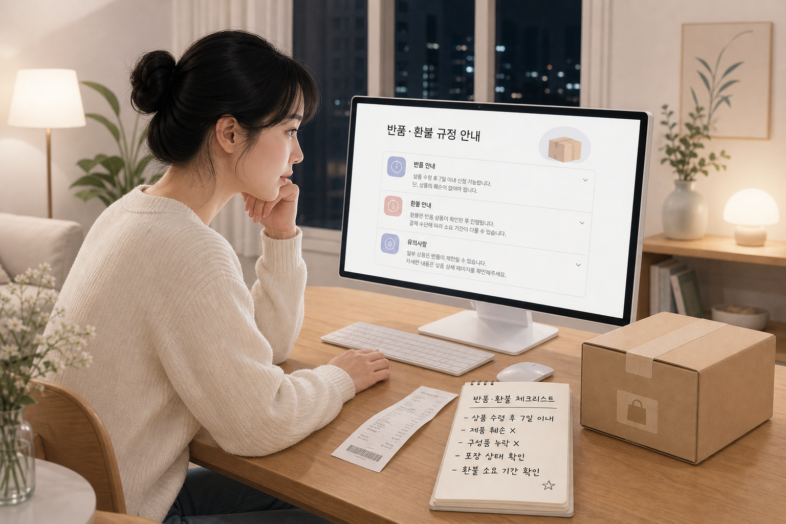 로켓배송 상자를 앞에 두고 환불 기준을 확인하는 생활 장면