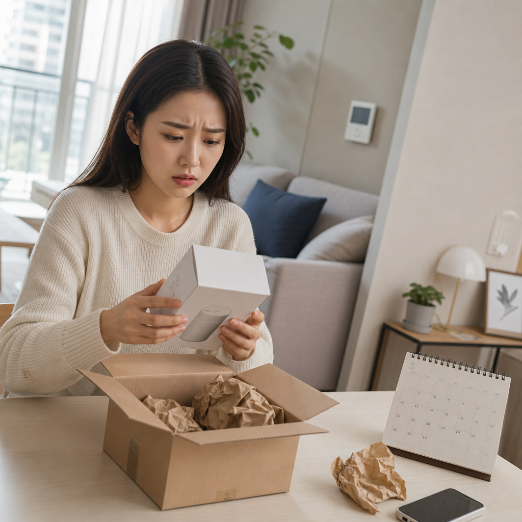 배송 상자를 이미 열어보고 고민하는 소비자 일러스트