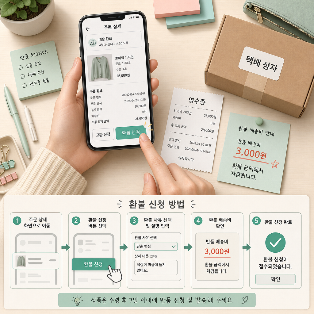 반품 신청 단계와 배송비 확인 과정을 보여주는 이미지