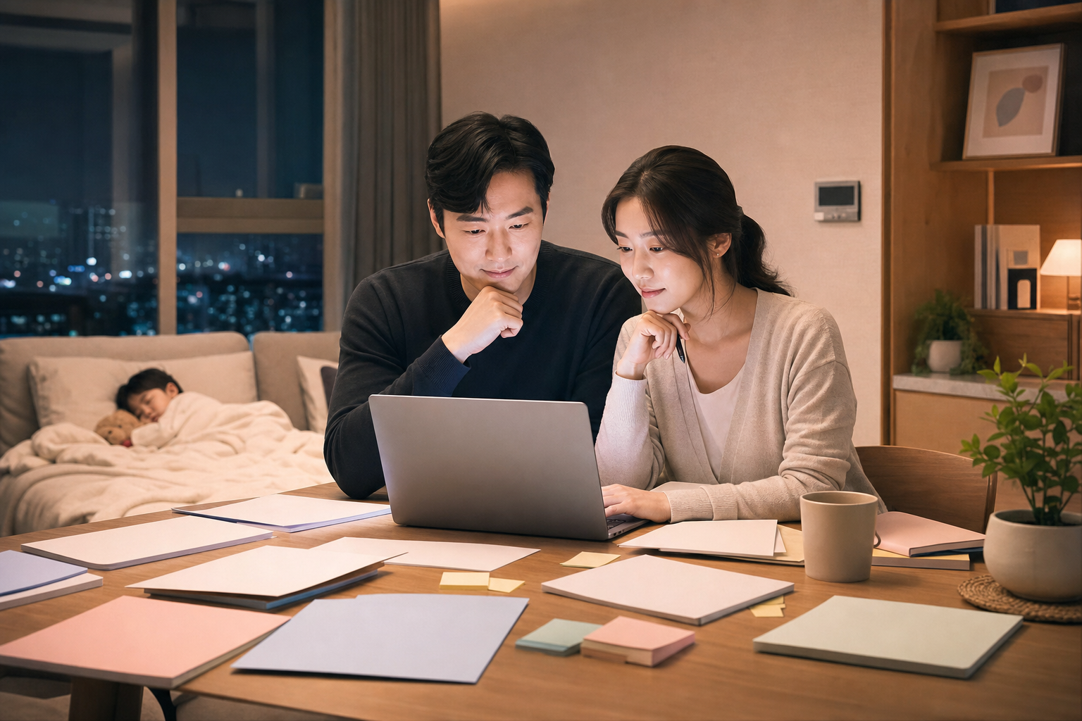 아이사랑 포털로 어린이집 입소대기를 확인하는 맞벌이 부모 이미지