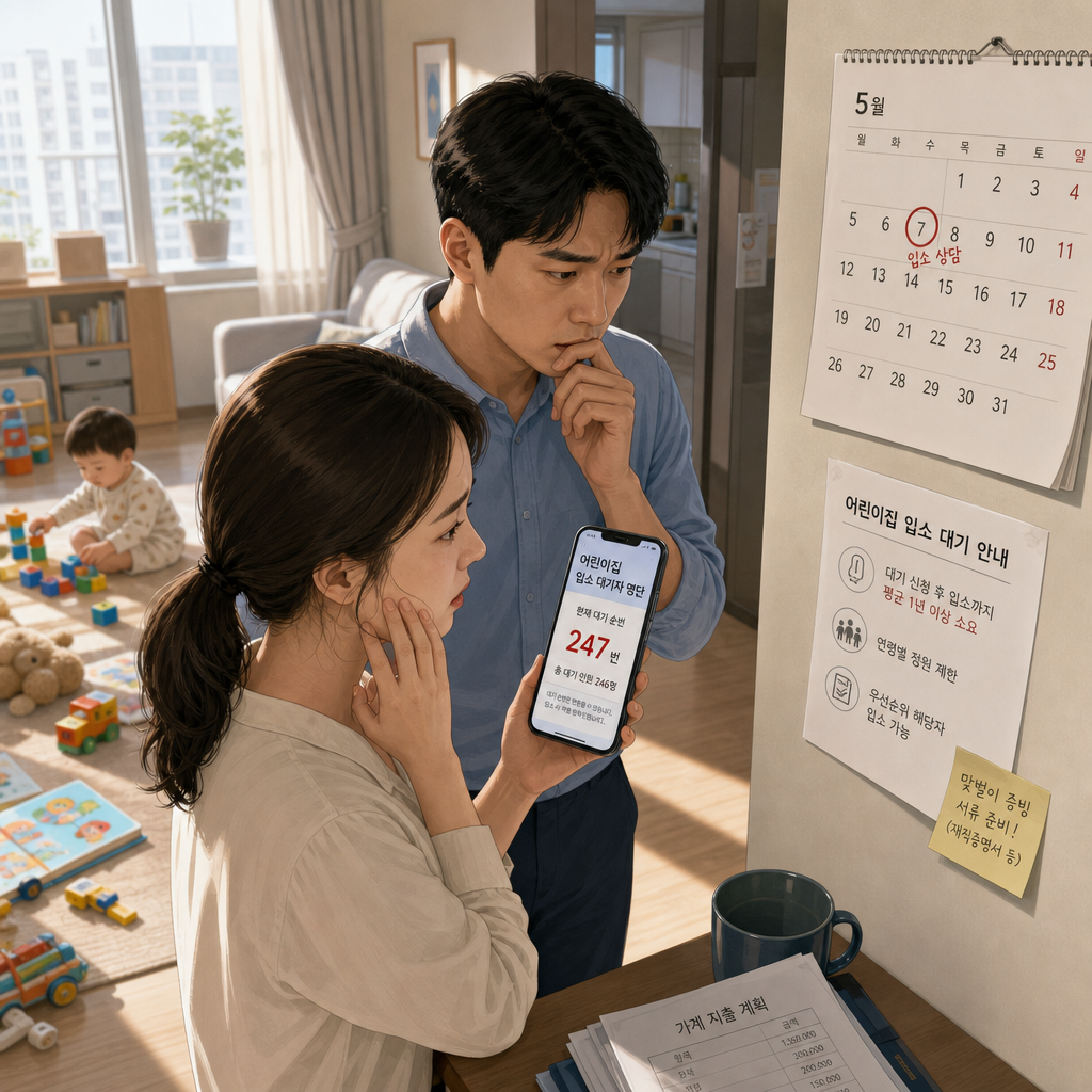 어린이집 대기 순번을 보며 고민하는 맞벌이 가족 일러스트