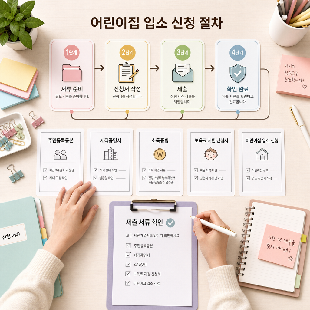 맞벌이 증빙서류와 신청 단계를 보여주는 일러스트