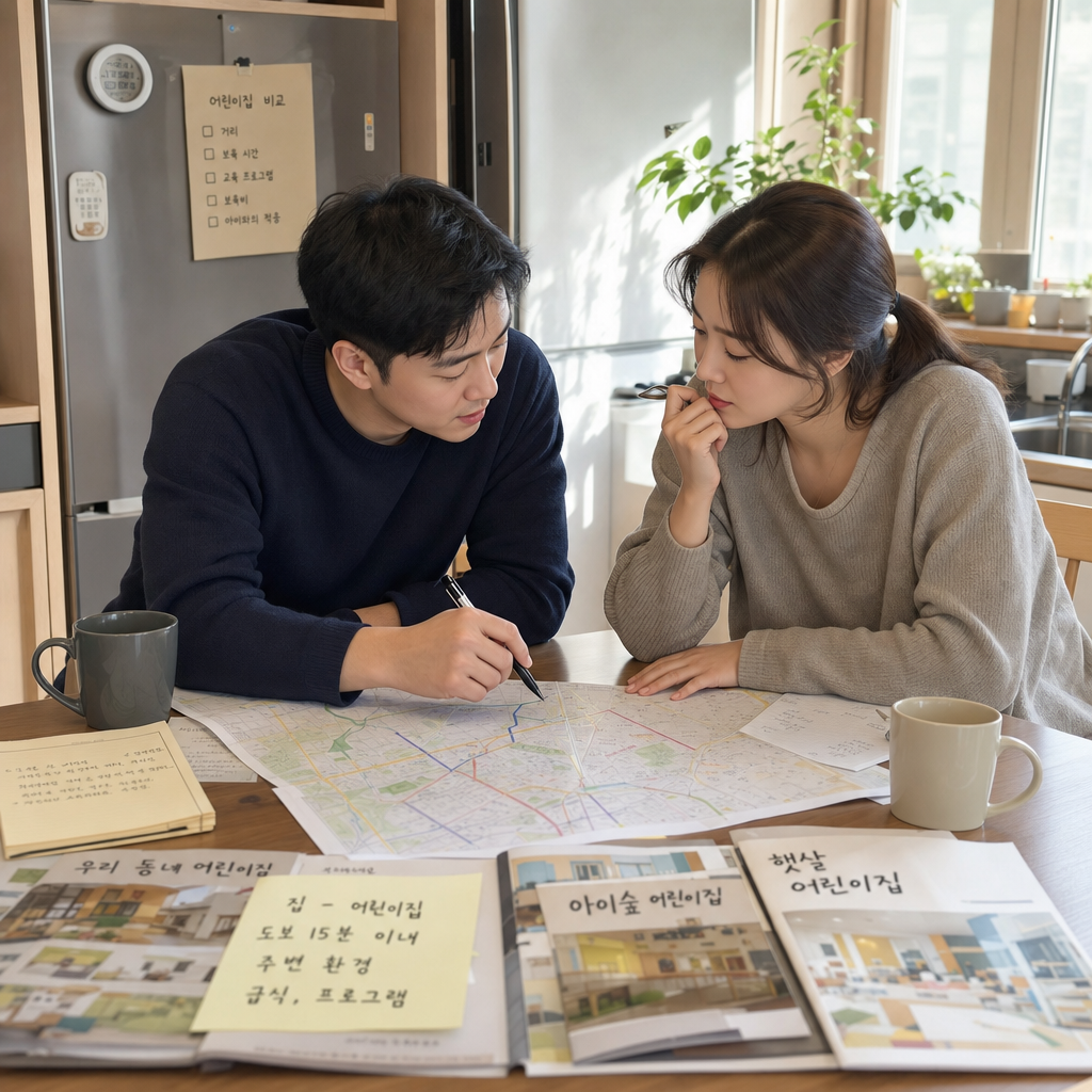 어린이집 후보를 생활 동선으로 비교하는 맞벌이 부모 장면