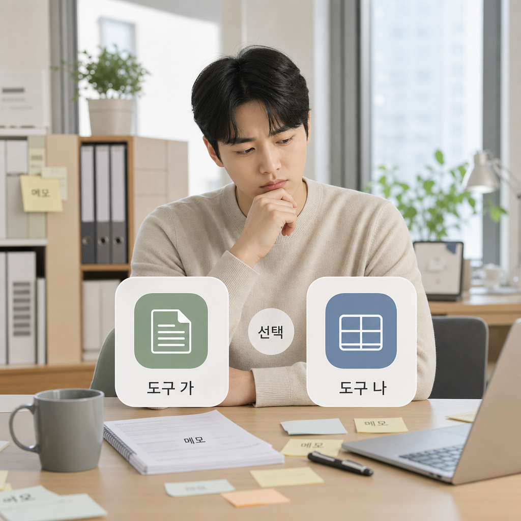 두 가지 인공지능 도구 사이에서 고민하는 한국 직장인 일러스트