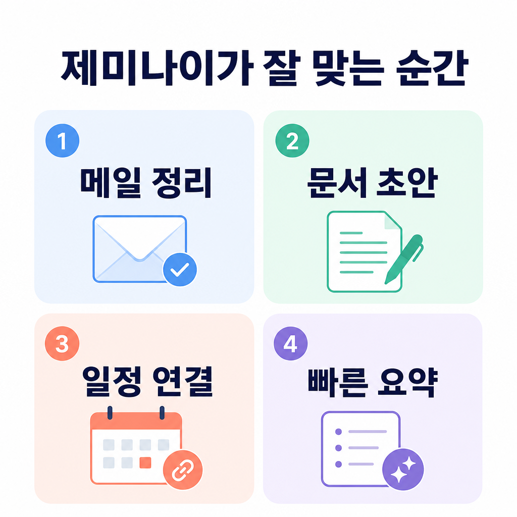 제미나이가 잘 맞는 순간 4가지를 정리한 한국어 인포그래픽