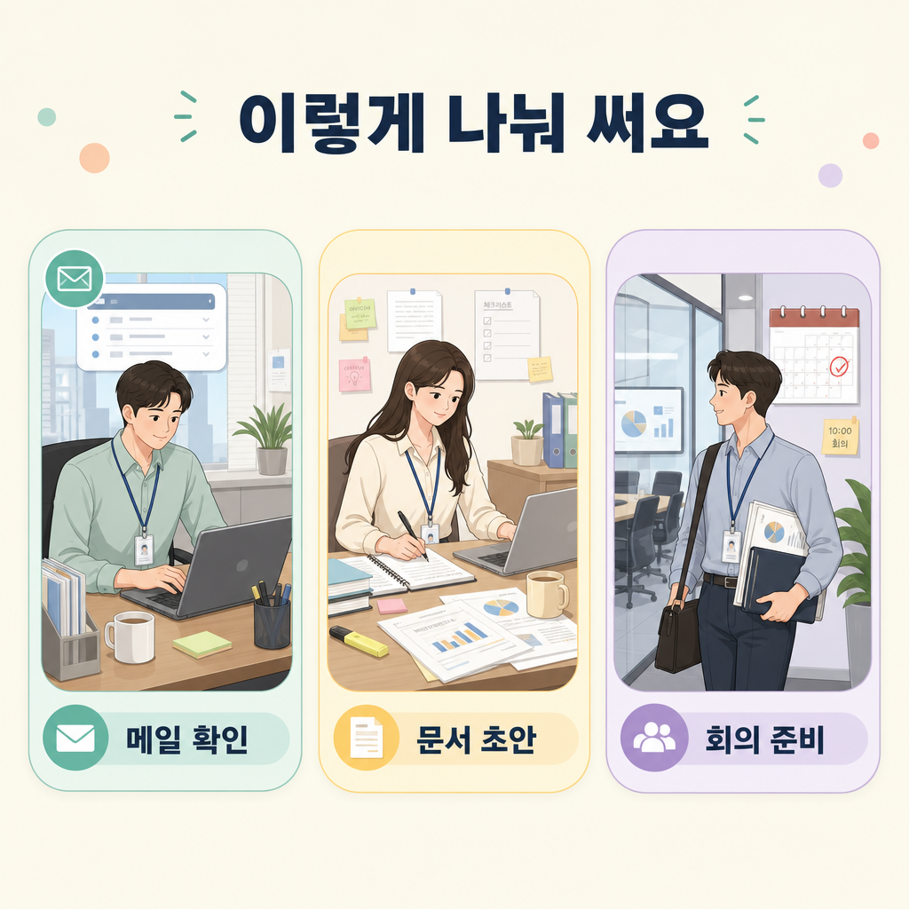 메일 정리에서 문서 작성까지 3단계 흐름을 보여주는 프로세스 이미지