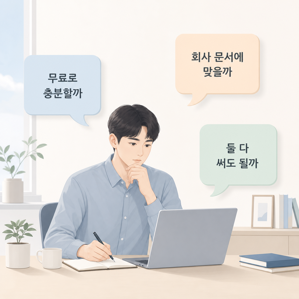 노트북 앞에서 궁금한 점을 정리하는 질문답변 분위기의 이미지