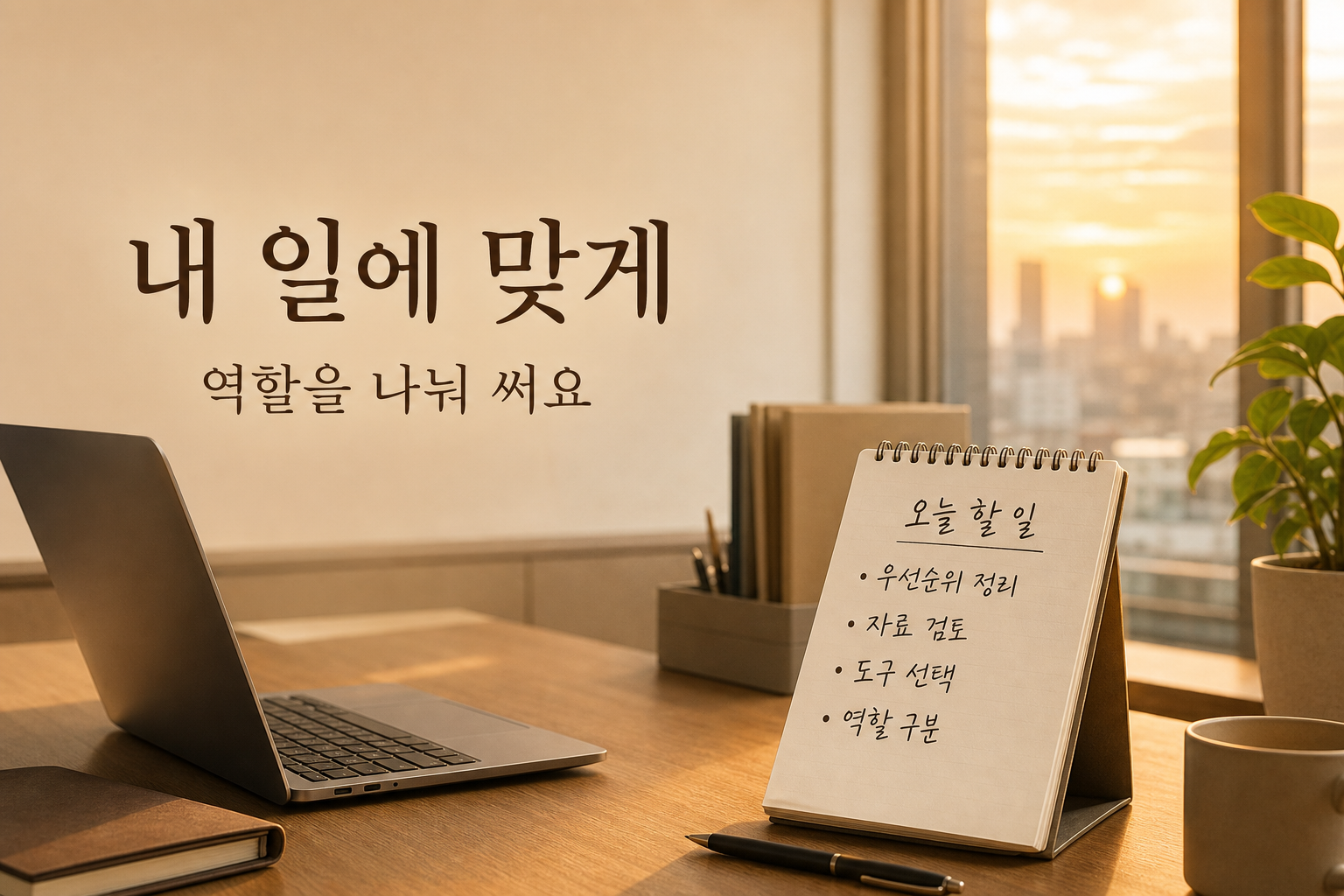 퇴근 전 책상 위에서 어떤 인공지능 도구가 맞는지 고민하는 결론 이미지