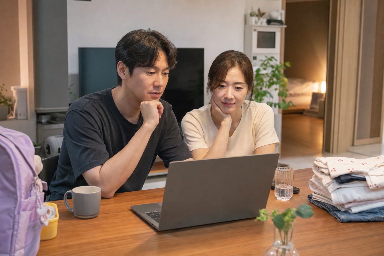 저녁 시간 거실 식탁에서 부부가 노션 화면으로 집안일을 확인하는 히어로 이미지