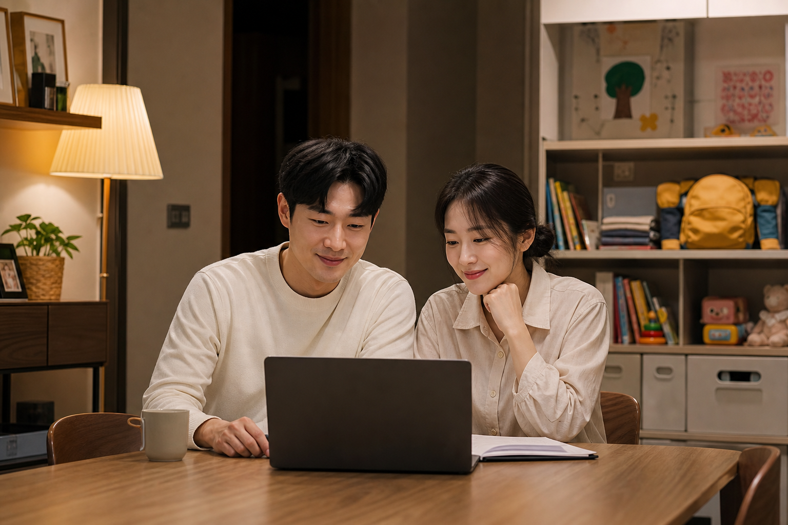 저녁이 정리된 집에서 부부가 가볍게 미소 지으며 다음 주 집안일을 조정하는 결론 이미지