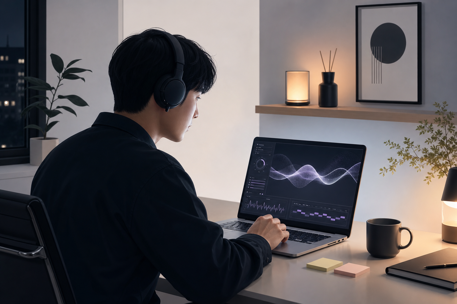 늦은 밤 노트북과 헤드폰으로 AI 음악을 만드는 작업 장면