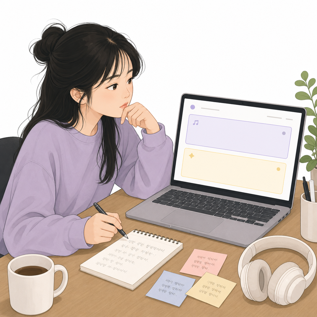입력 칸이 나뉜 음악 생성 화면을 고민하는 장면