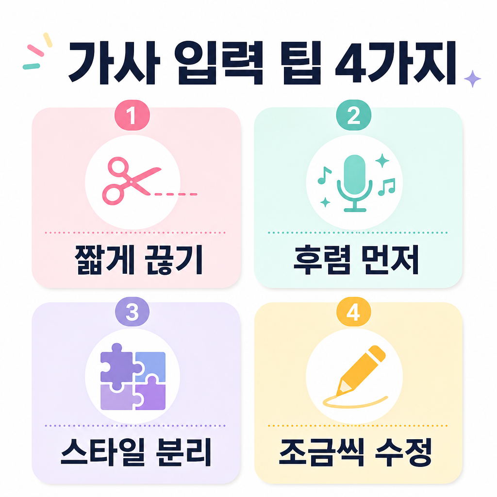 한국어 가사 입력 팁 4가지를 정리한 파스텔 인포그래픽