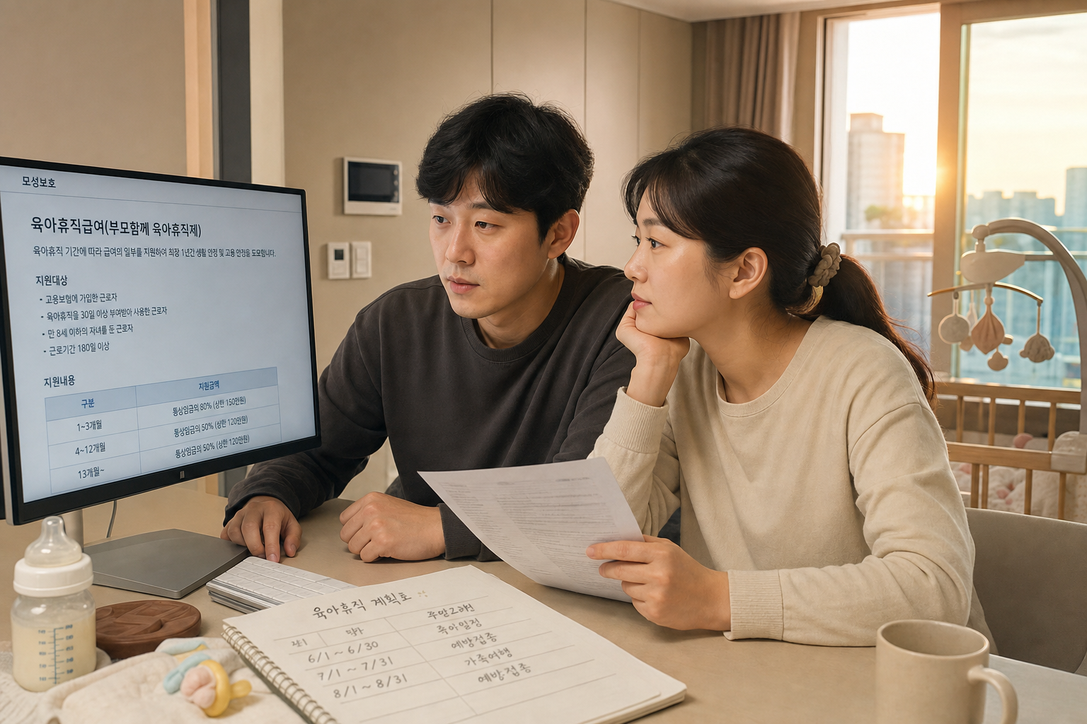 맞벌이 부모가 육아휴직 급여 기준을 확인하는 생활 장면