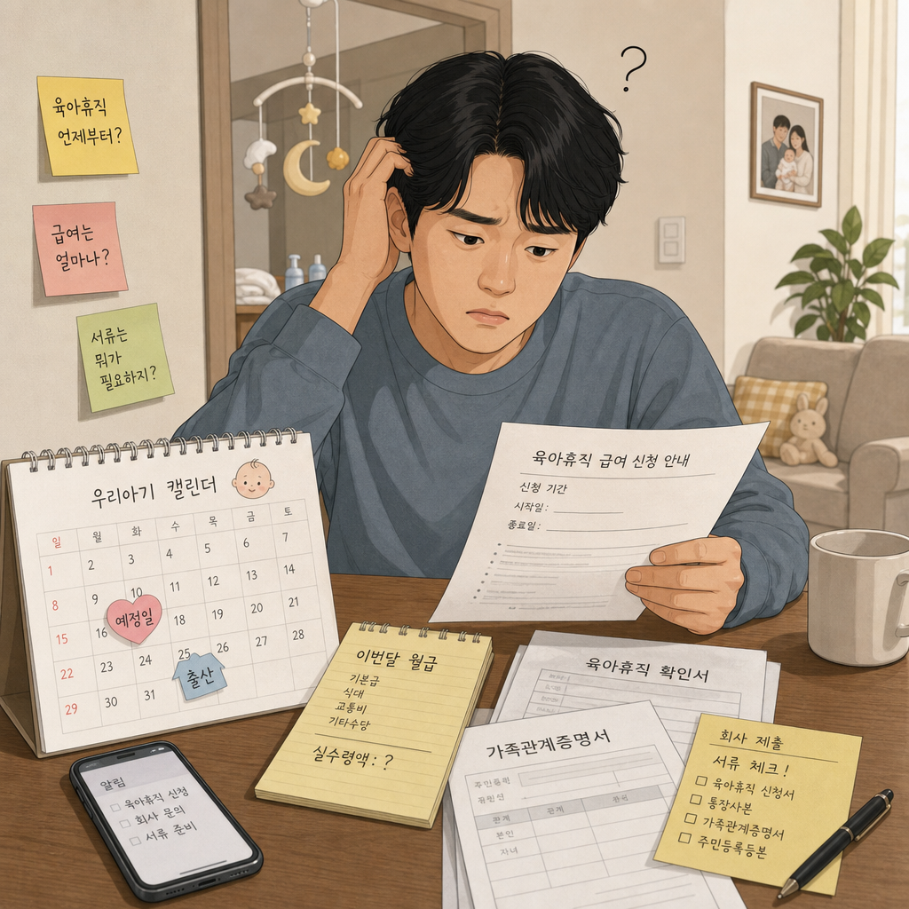 육아휴직 급여 금액과 신청 시기를 헷갈려하는 부모 일러스트