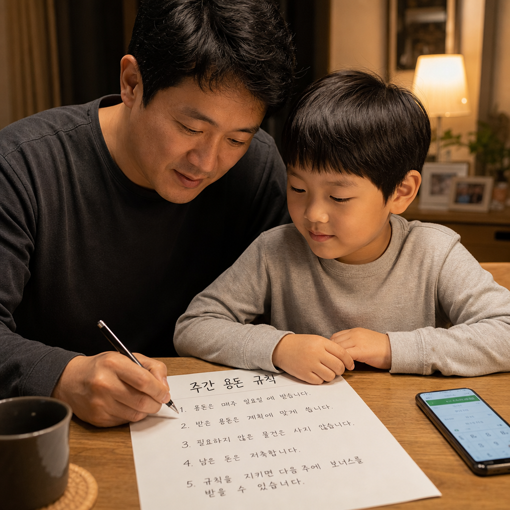주간 용돈 규칙을 정리하는 부모와 자녀 장면