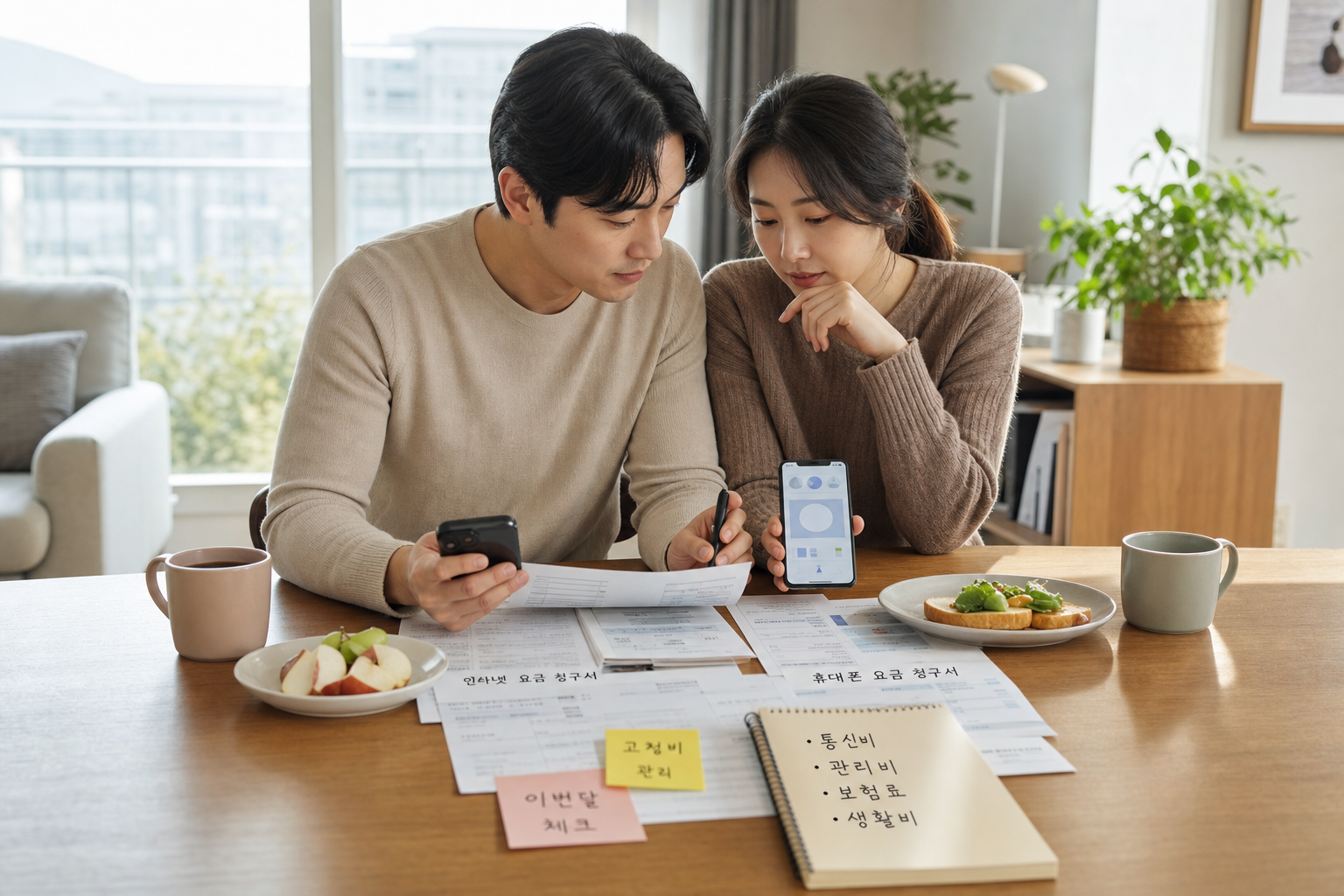 부부가 통신요금 청구서를 함께 확인하는 장면