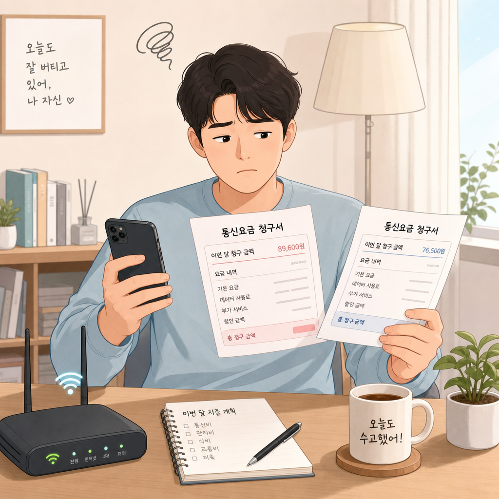 휴대폰 요금과 인터넷 요금을 따로 확인하는 생활 장면