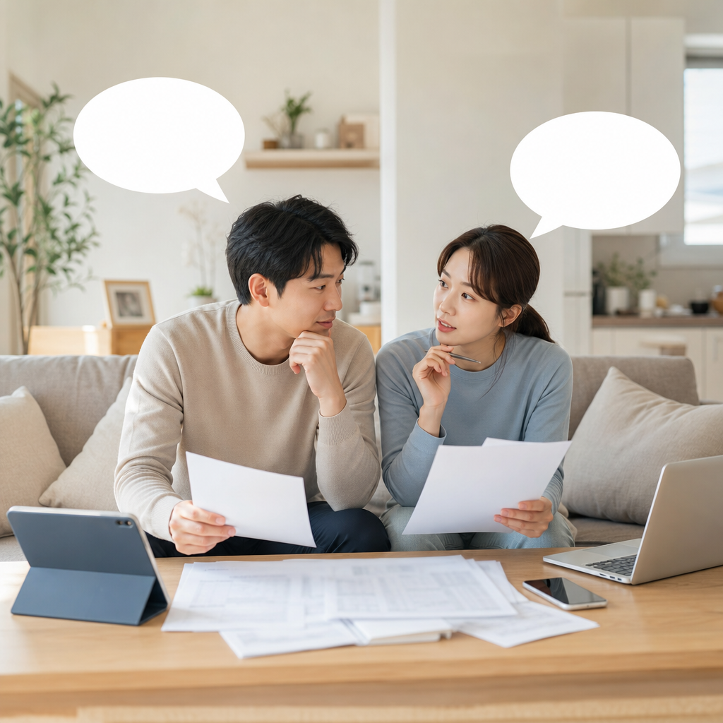 자주 묻는 질문을 떠올리는 부부의 표정과 말풍선 연출