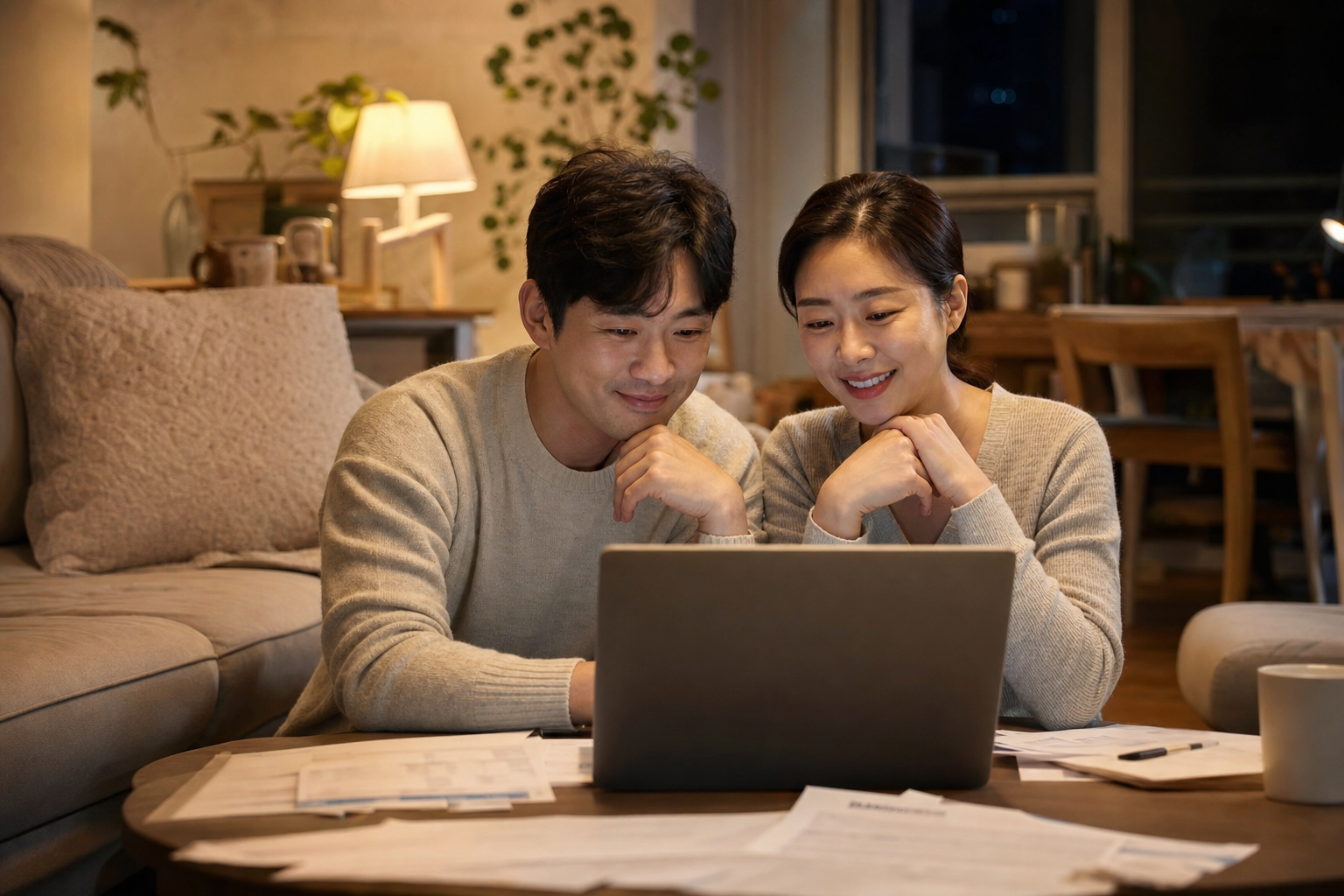 환급 예상액을 확인하며 안도하는 맞벌이 부부의 따뜻한 저녁 분위기