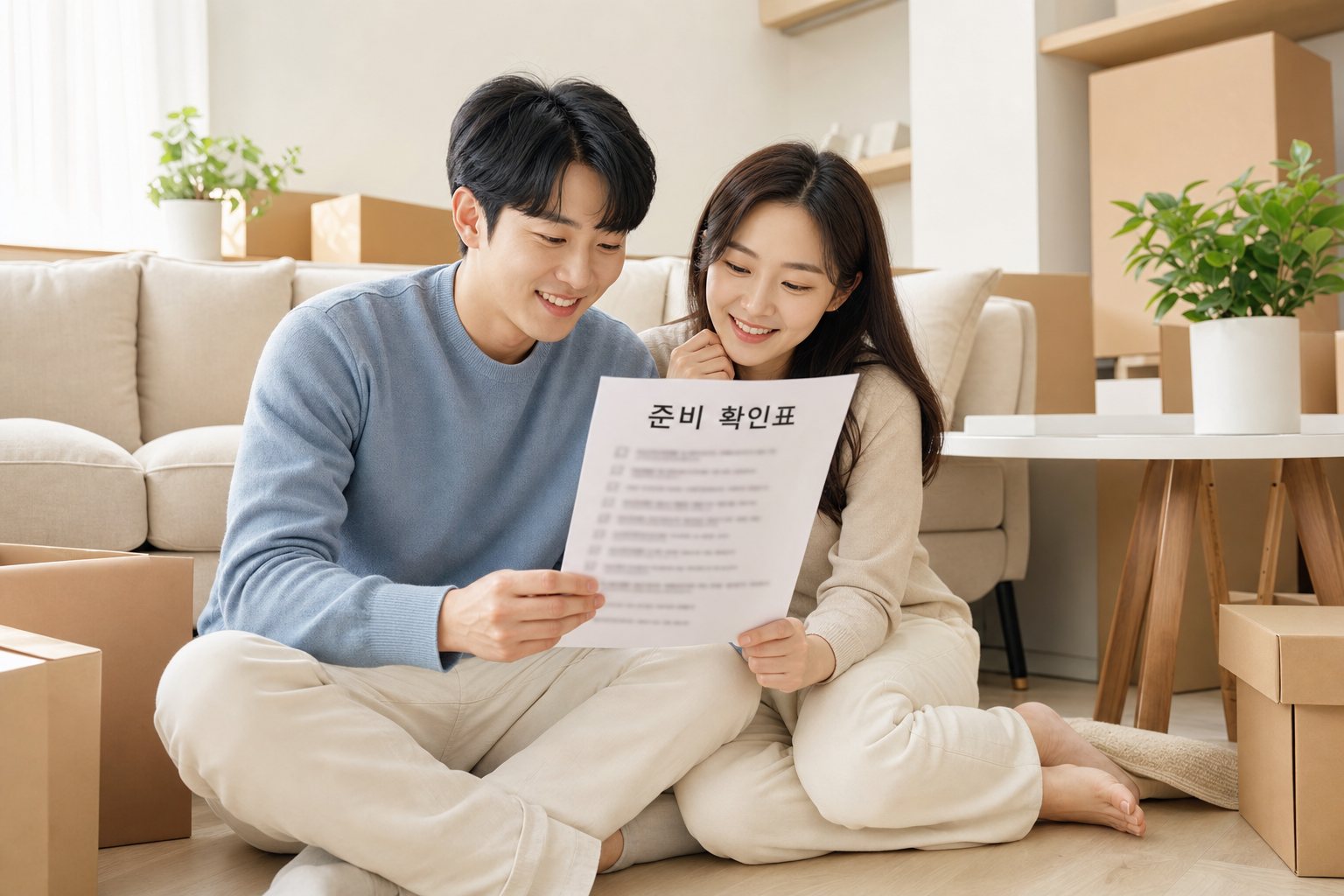 결혼자금 증여 체크리스트를 보며 안도하는 신혼부부 이미지