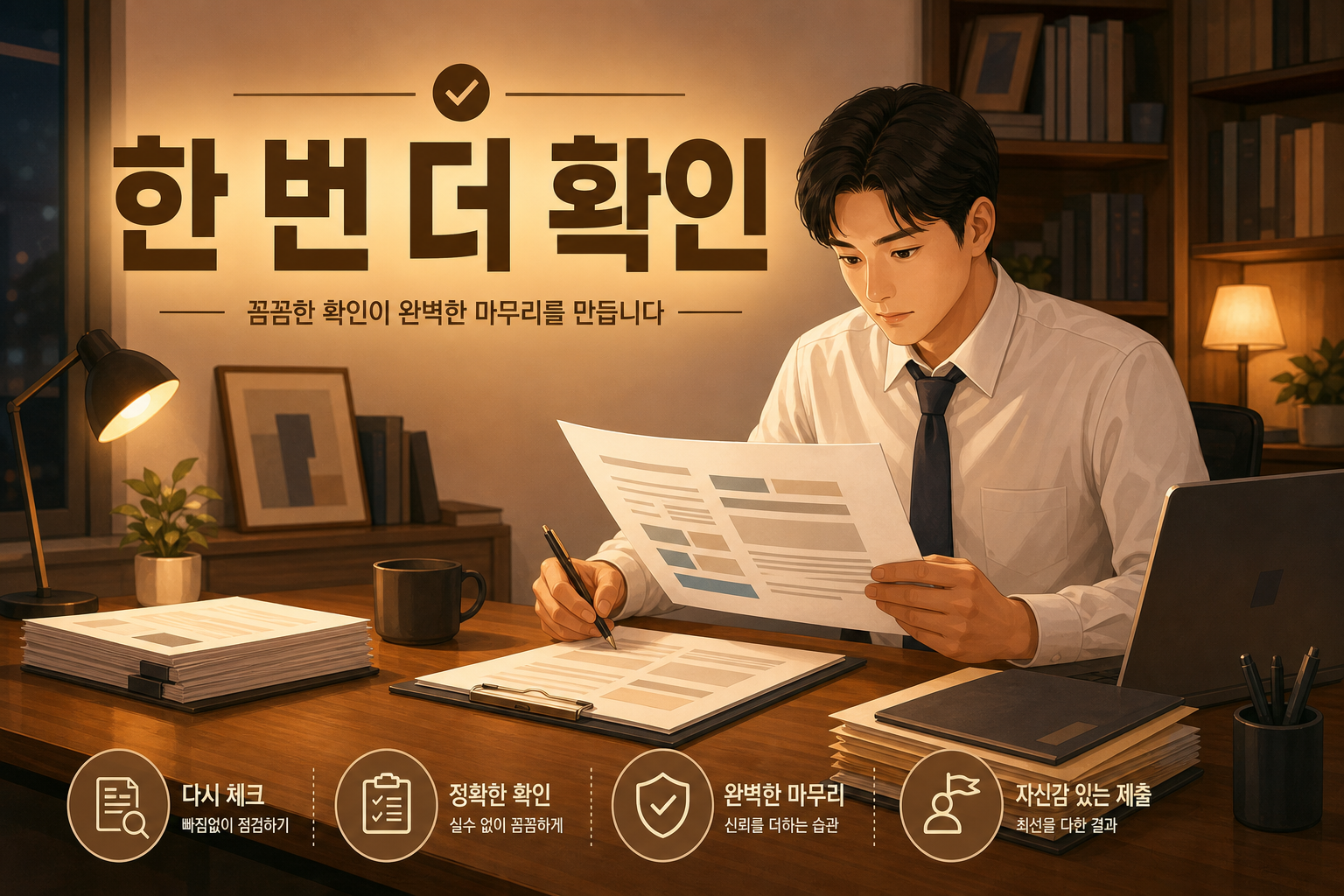 서류 제출 전 마지막 확인을 떠올리게 하는 따뜻한 결론 이미지