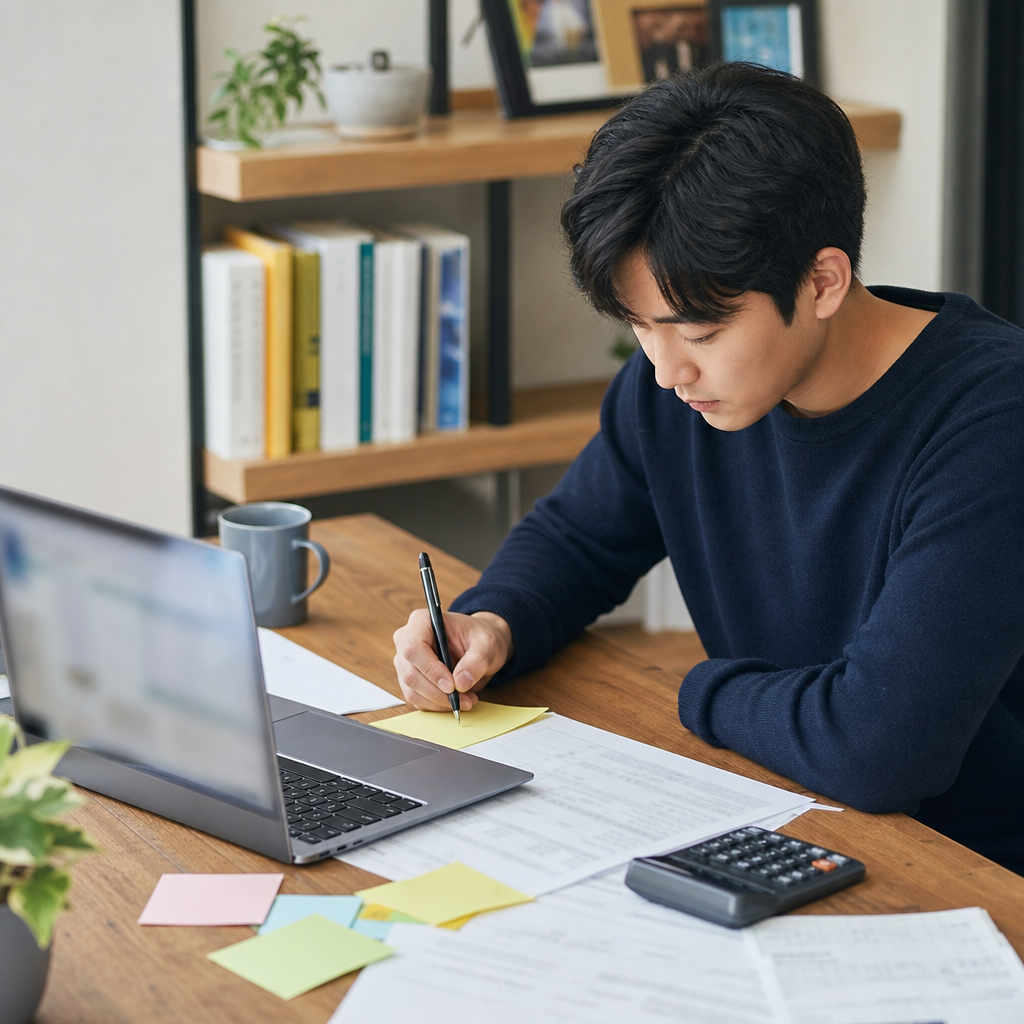 홈택스 소득 자료 확인과 체크리스트 메모를 함께 보는 장면